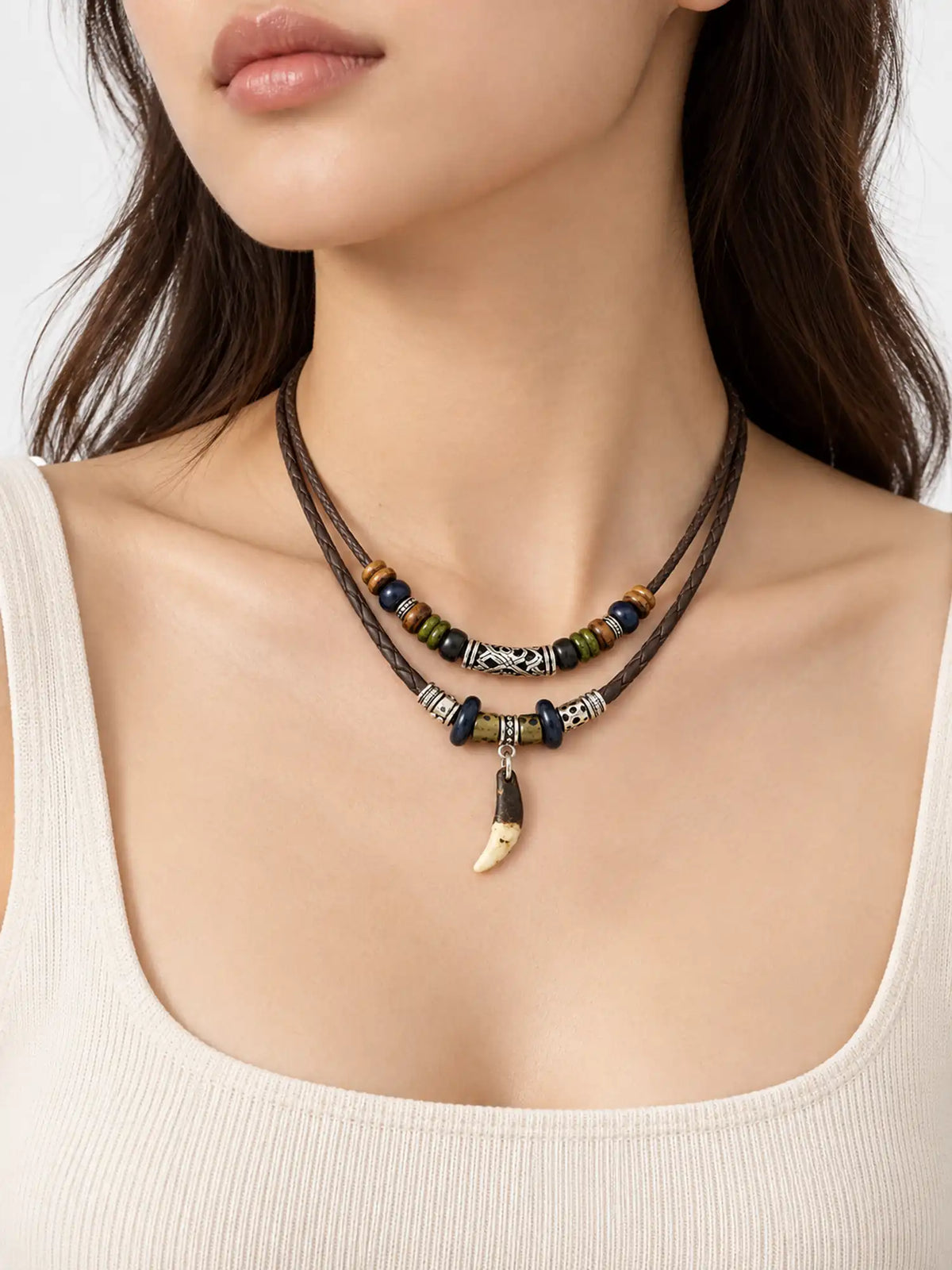 Layered Leather Wolf Tooth Pendant Necklace