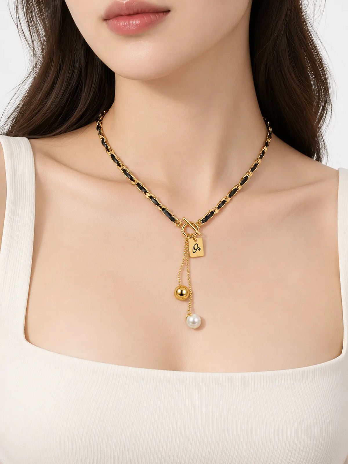 Black Leather and Pearl Gold-Tone Toggle Necklace