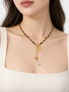 Black Leather and Pearl Gold-Tone Toggle Necklace