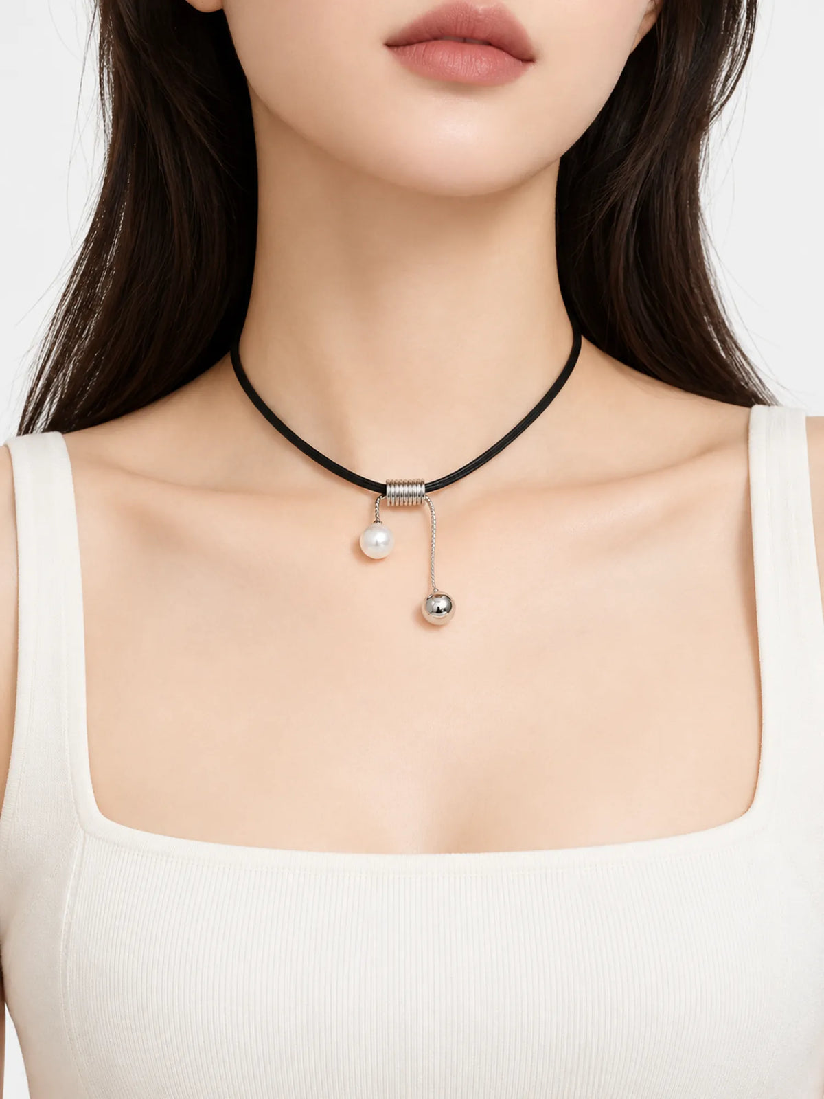 Asymmetric Leather Necklace with Pearl & Silver Drop