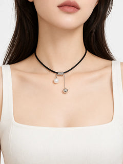 Asymmetric Leather Necklace with Pearl & Silver Drop