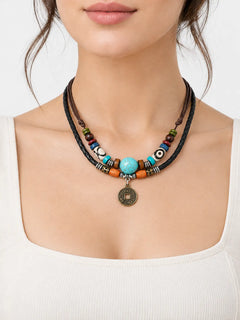 Vintage Turquoise Leather Necklace with Coin Charm