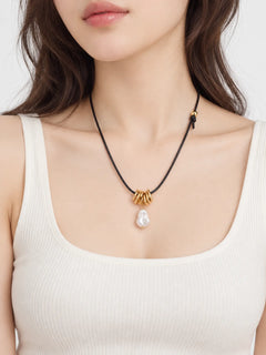 Baroque Pearl Necklace on Leather Cord with Gold Rings