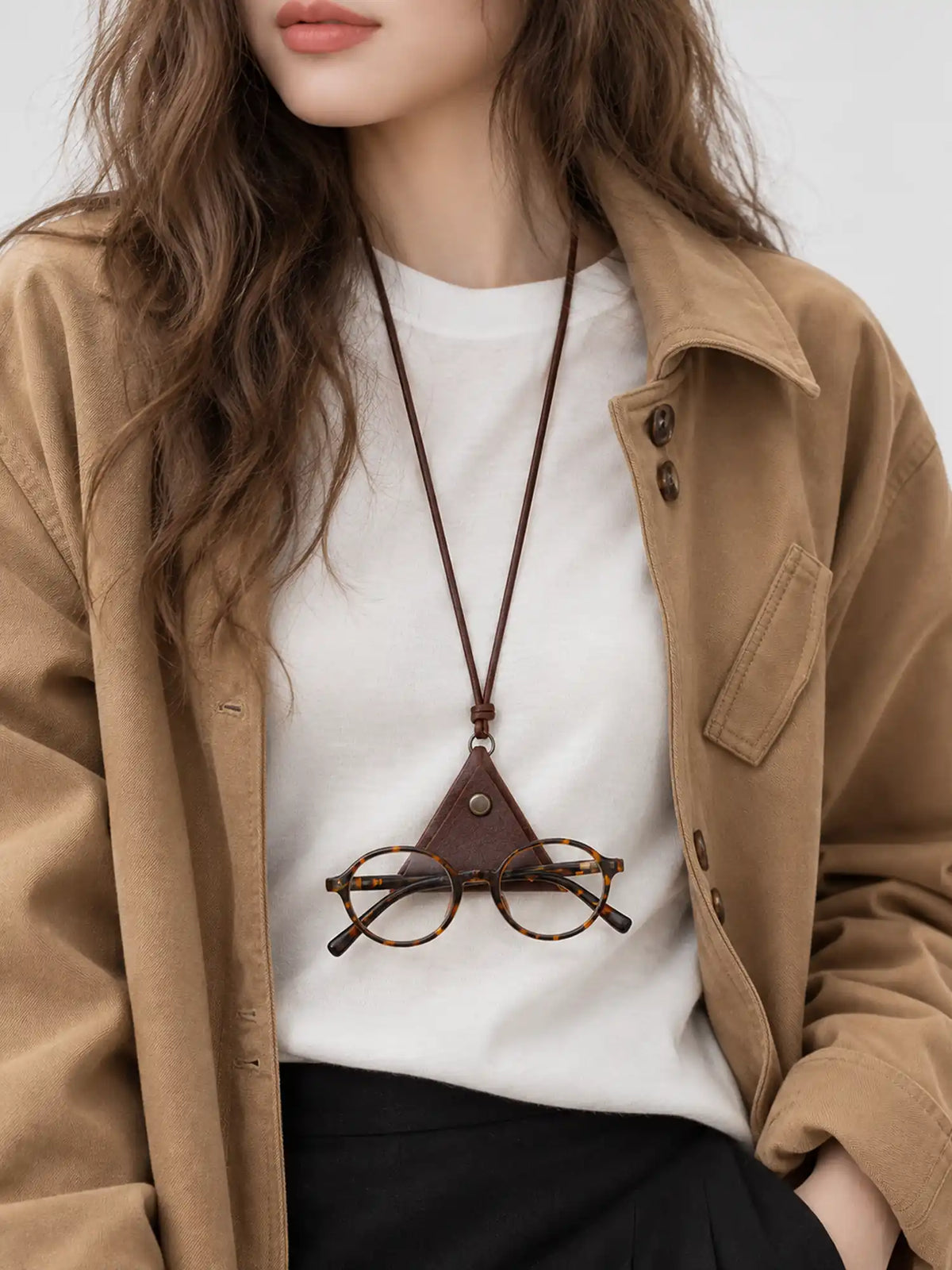 Modern Leather Necklace with Triangle Eyeglass Holder