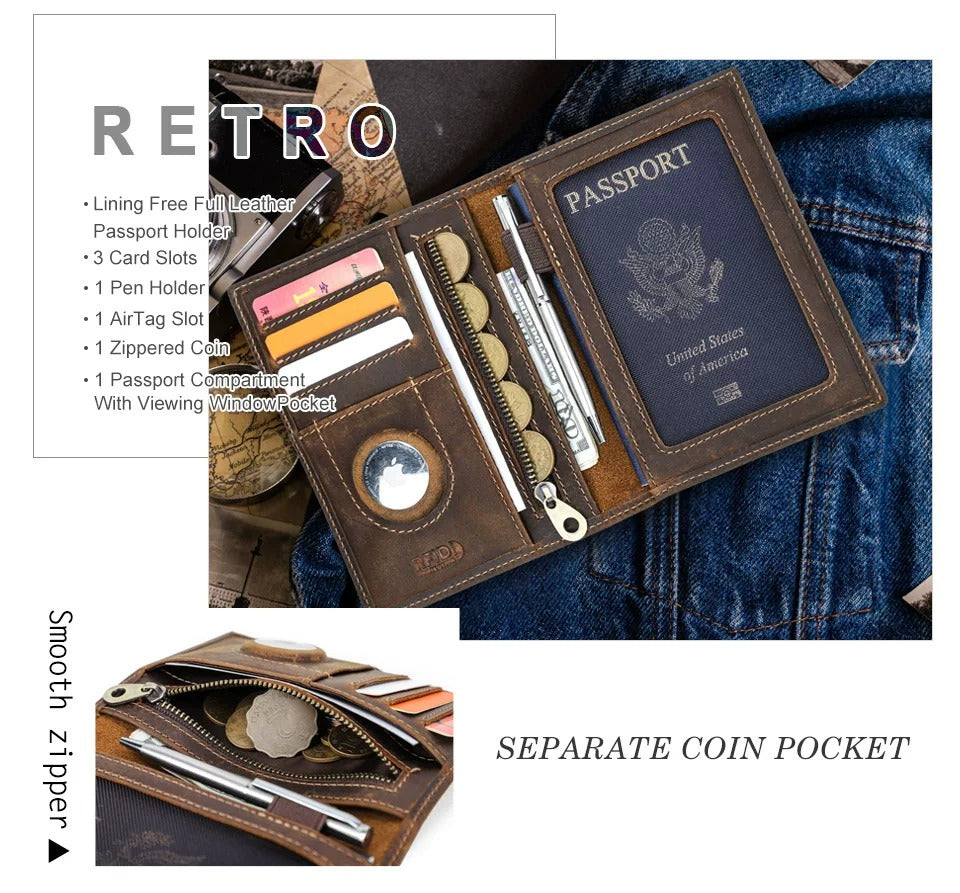 Portefeuille porte-passeport en cuir Crazy Horse TABIBITO