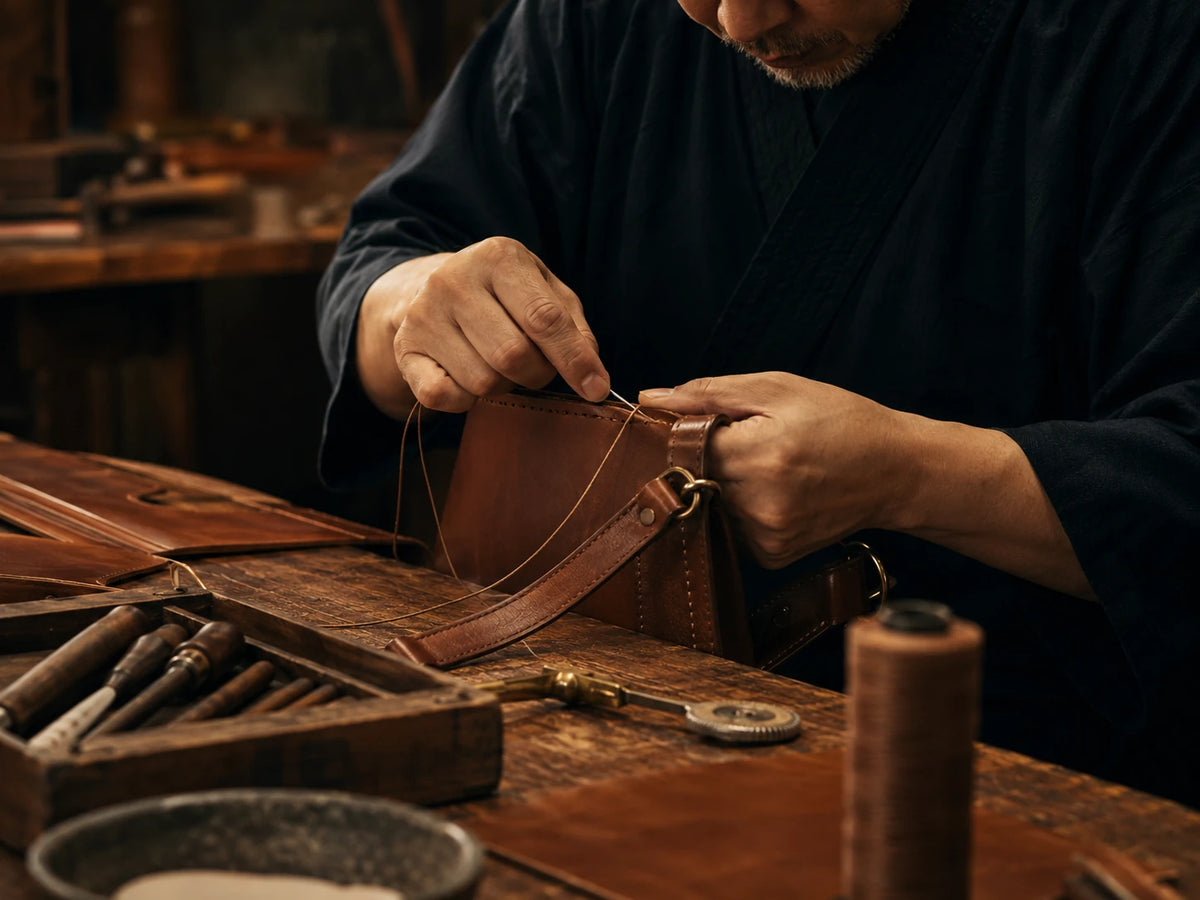 Close-up Japanese leather edge finishing and handwork