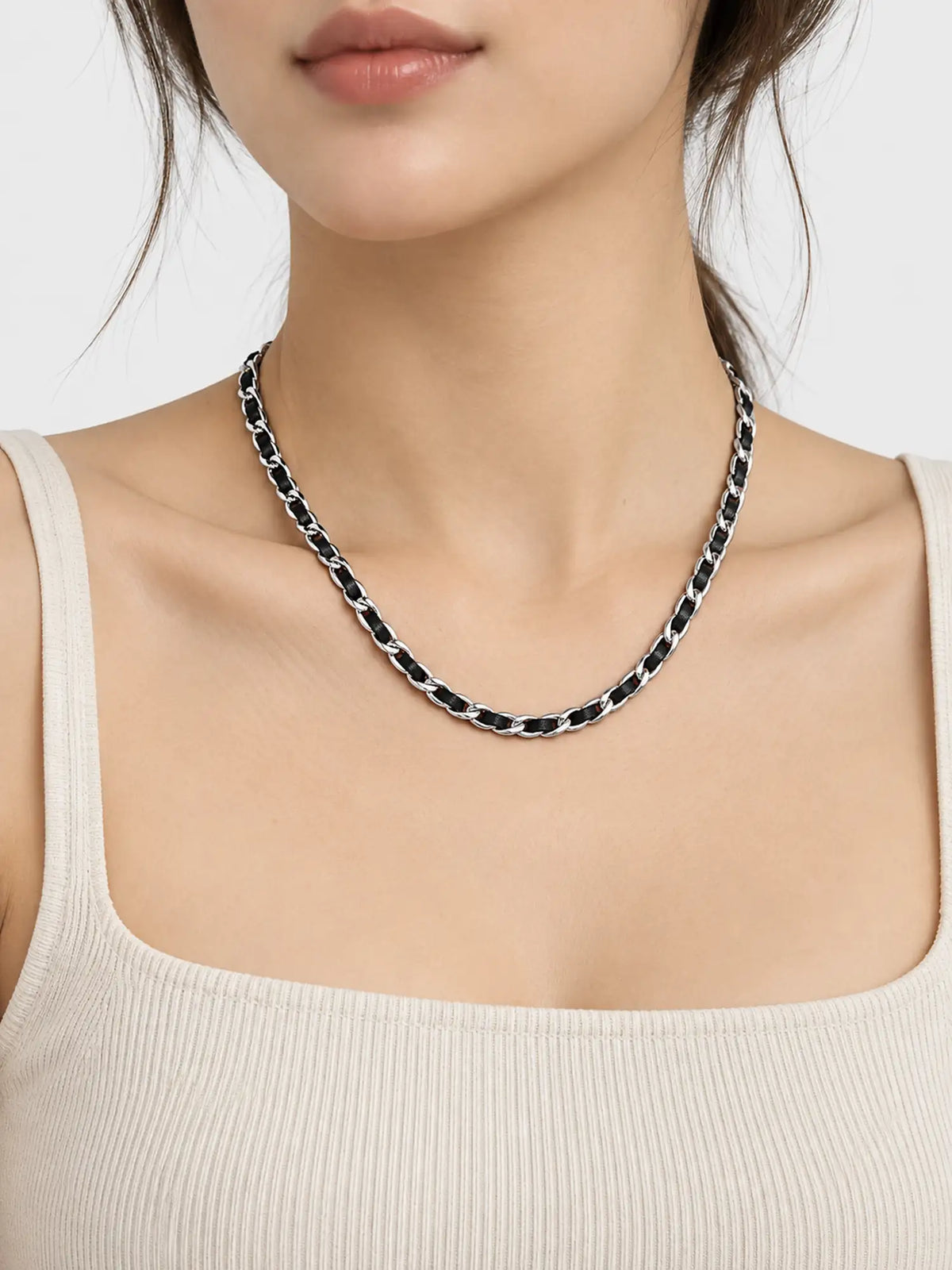 Braided Leather Necklace – Silver-Tone Woven Chain